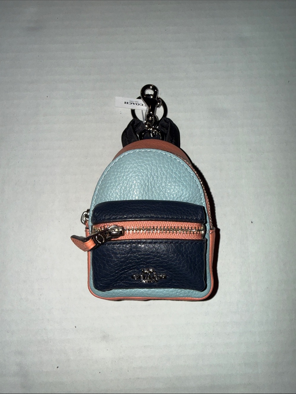 Coach Mini Colorblock Leather Backpack Keychain - Light Blue/Navy/Peach
